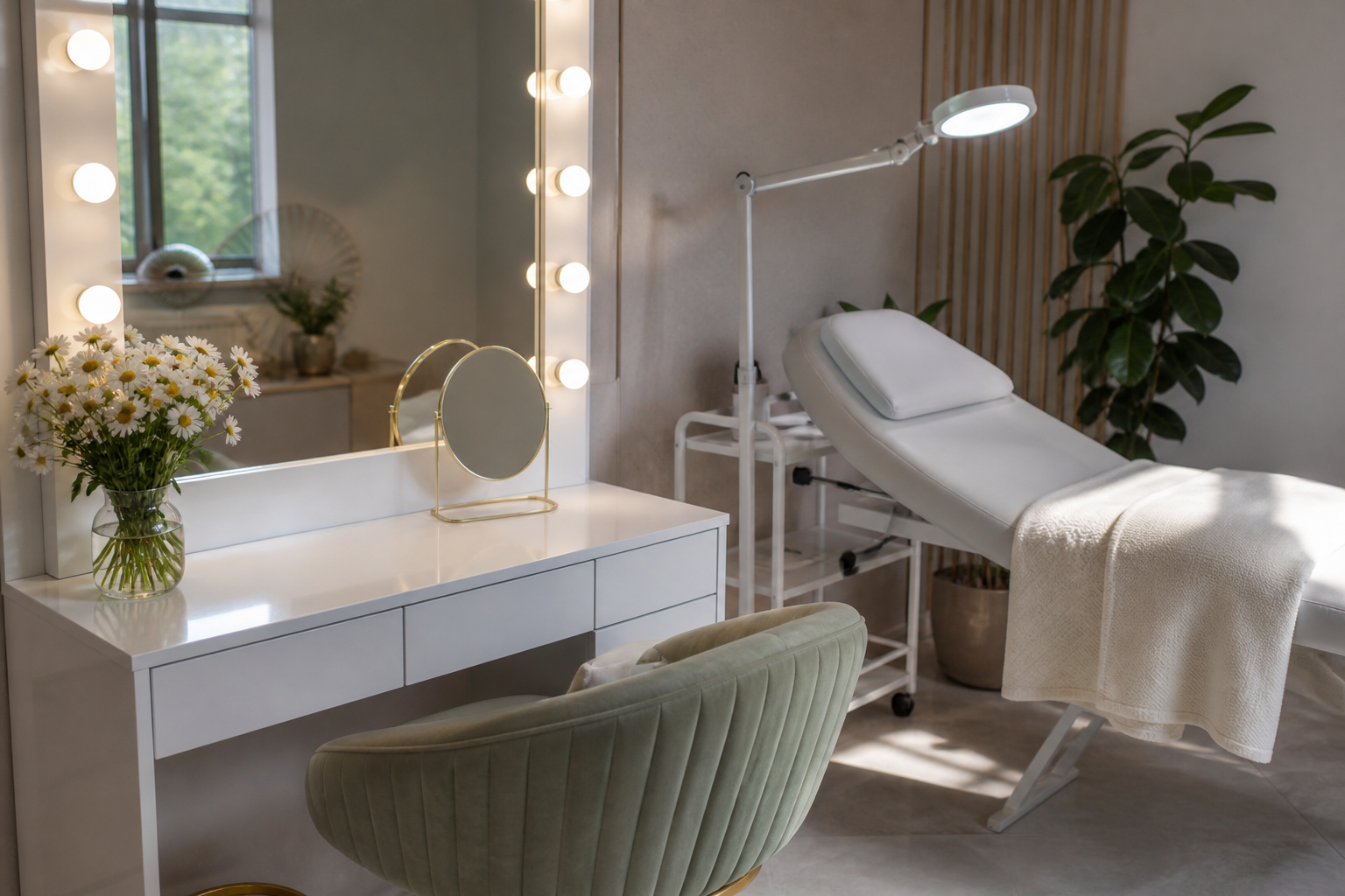 Ambiente de studio de beleza com luz suave e margaridas
