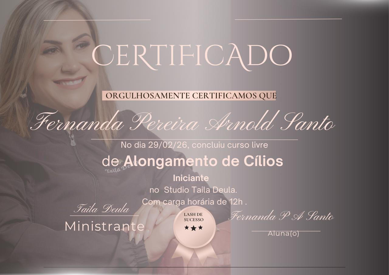 Certificado de Alongamento de Cílios Iniciante — Fernanda Pereira Arnold Santo